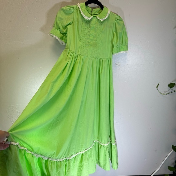 Vintage Dresses & Skirts - Vintage green maxi midi dress baby doll Peter Pan collar lace ruffle puff sleeve